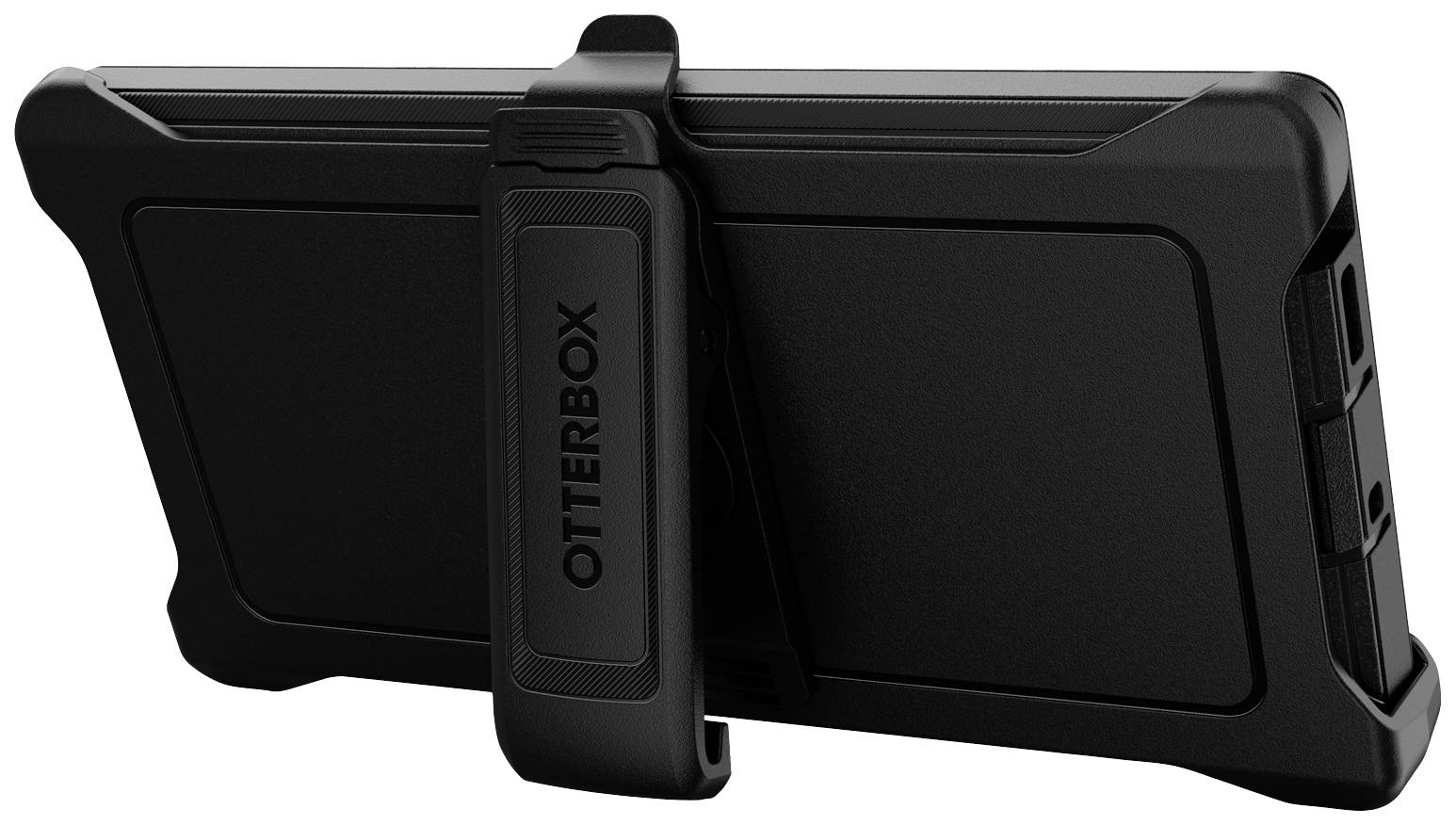 Et sort mobiltilbehør set bagfra med en integreret clips, der også fungerer som et stativ. Ordet 'OTTERBOX' er trykt på clipsen.