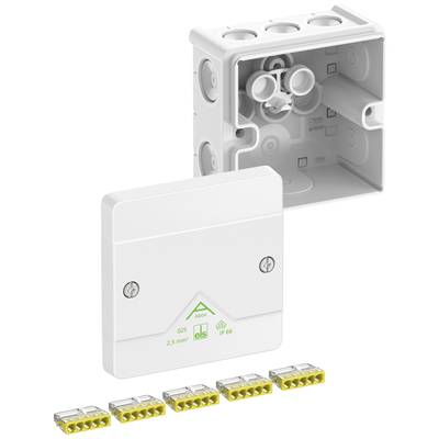 En hvid forgreningsdåse med åbent låg, fire gule klemmer og beskyttelsesgrad IP66, egnet til kabler op til 2,5 mm².