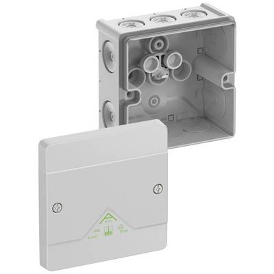 En grå indbygningsdåse med fjernet låg, viser indvendigt view med flere kabelindføringer. Designet til elektriske installationer.