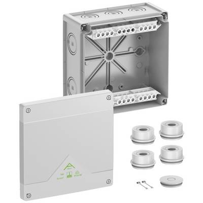 Grå elektrisk forbindelseskasse med aftagelig afdækning, fire tætninger og skruer. Egnet til kabelinstallation.