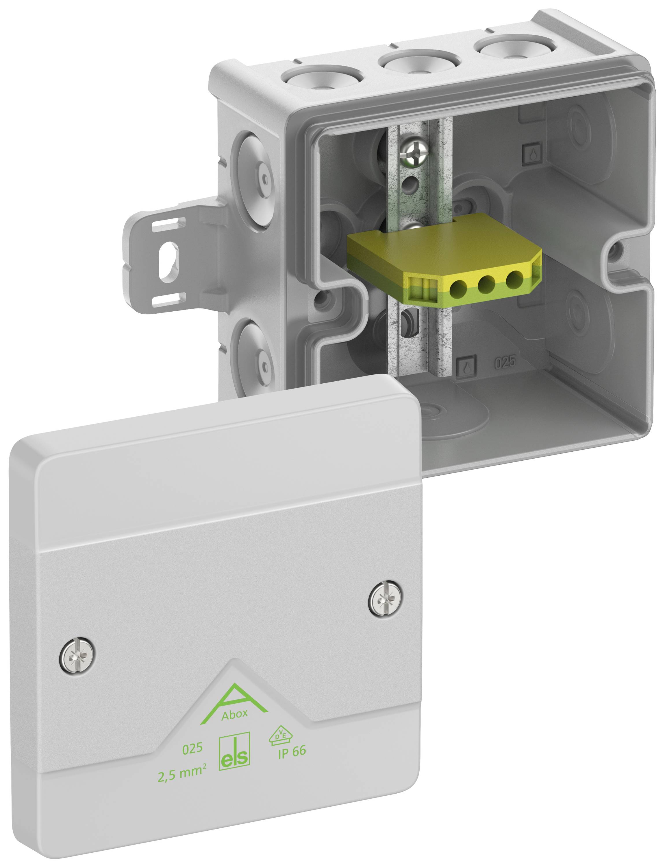 Grå-gul elektrisk stikkontakt med åben afdækning. Firkantet, fire ledningsforbindelser, egnet til 2,5 mm² ledninger.