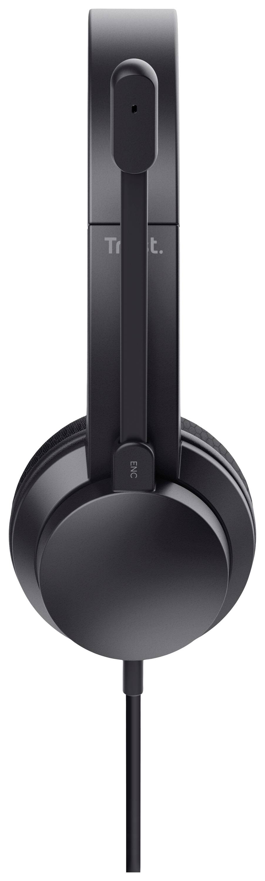 Sort over-ear-hovedtelefoner med langt kabel, set fra siden.