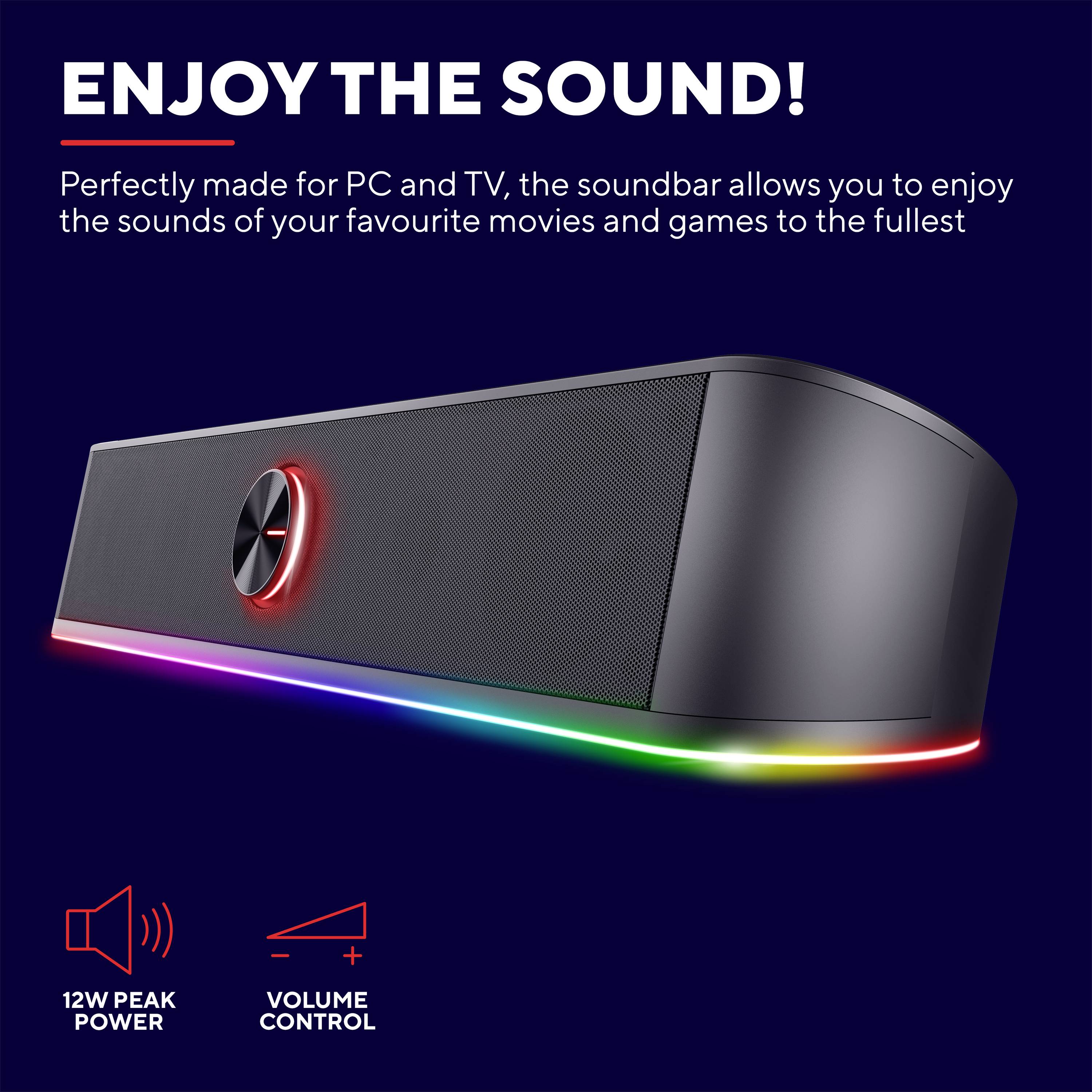 En sort soundbar med LED-belysning og tekst 'Nyd lyden! 12 W topeffekt, volumenkontrol.'