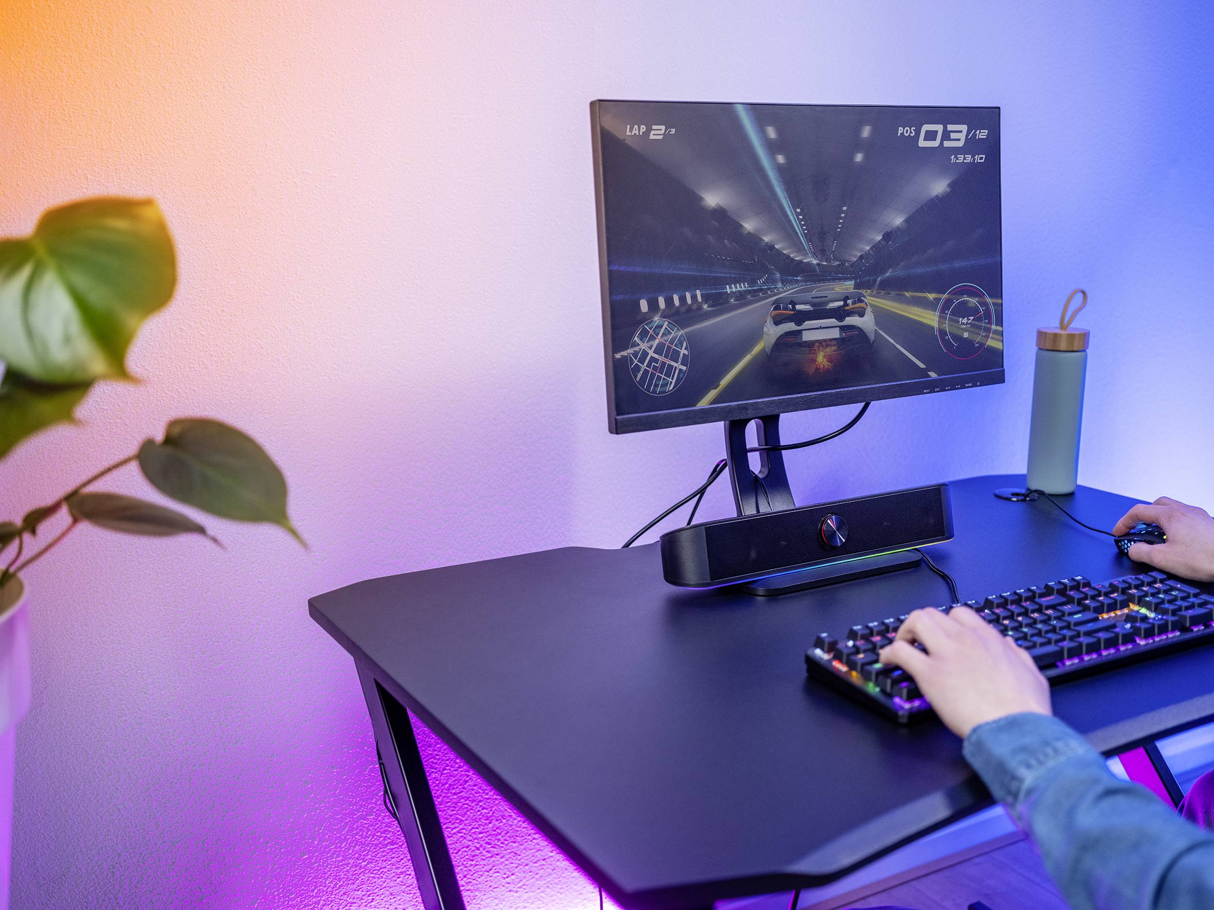 En person spiller et bilracerspil på computeren. Skærmen viser en natlig gade med farverige lys. En plante til venstre.