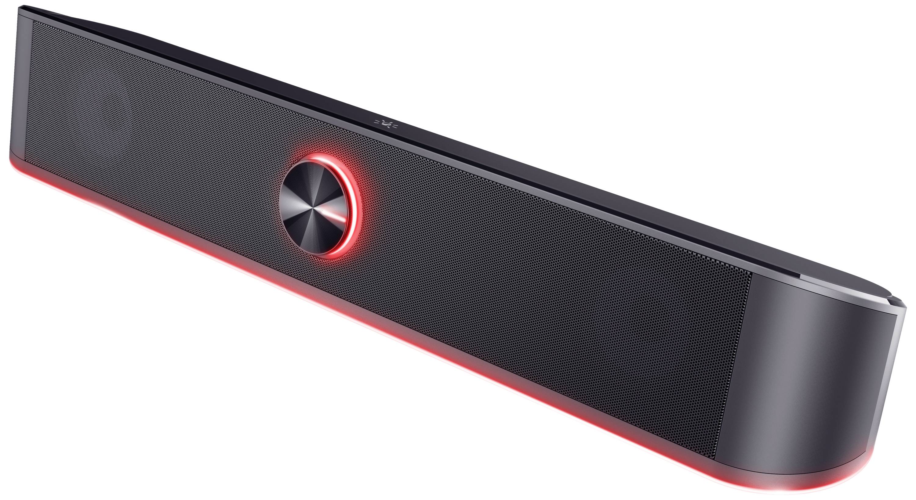 En sort soundbar med rødt LED-lys under, en stor central volumenkontrol, velegnet til de mest moderne lydoplevelser.