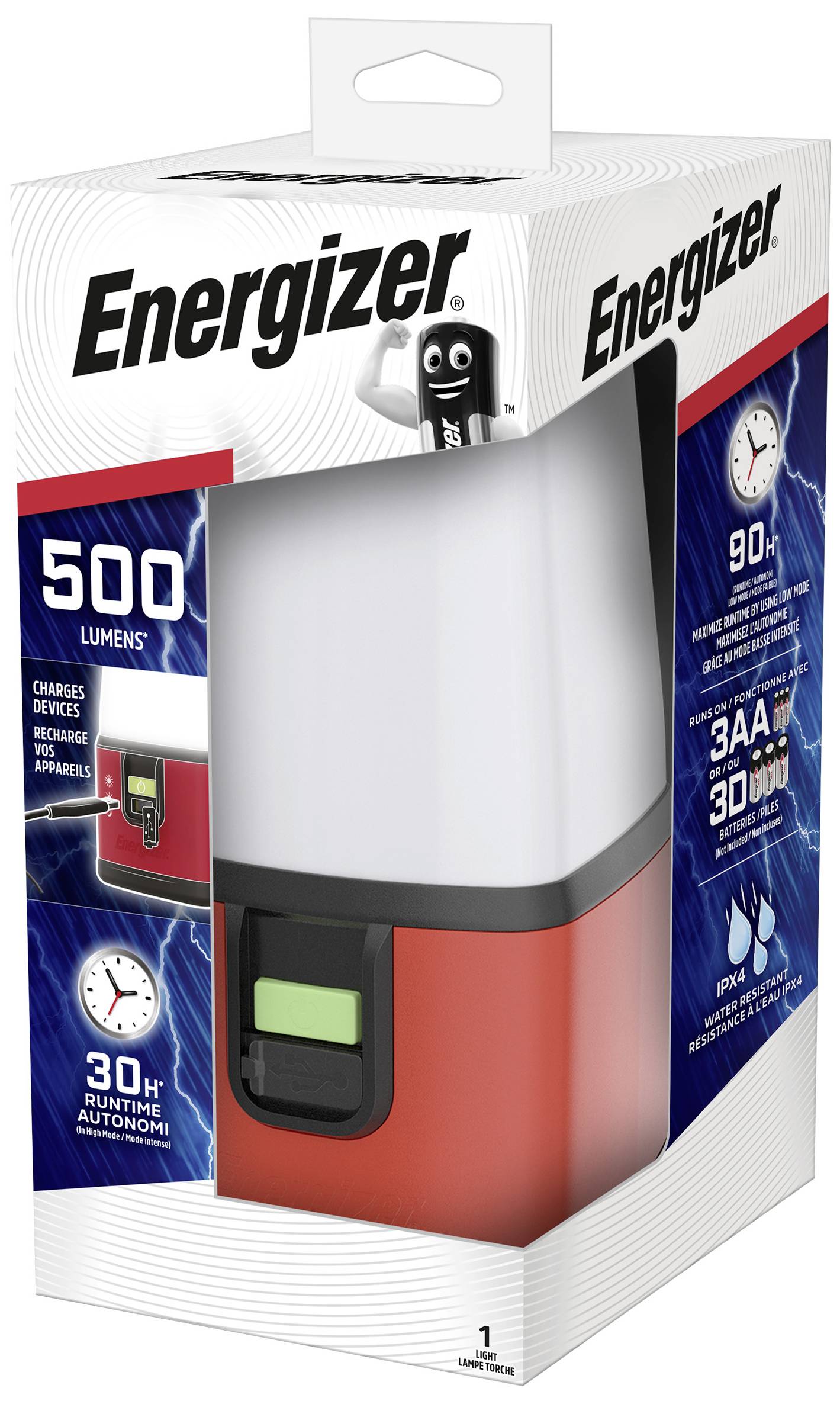 Energizer Lanterne med 500 lumen, rød-hvid krop, genopladelig, driftstid op til 30 timer, kræver 3 AA-batterier, som vist på emballagen.