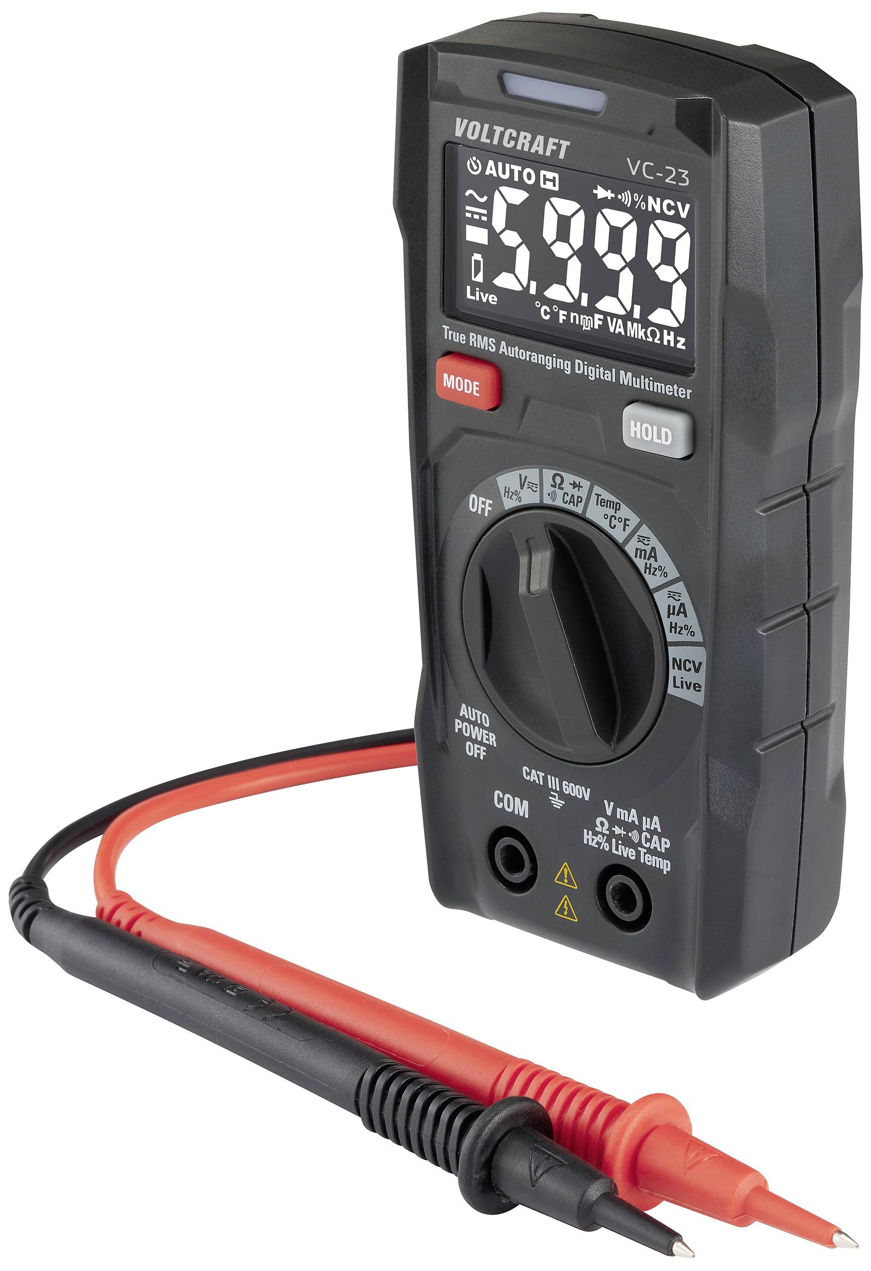 Digitalt multimeter med displayvisning og drejeknap til måling af elektriske værdier som spænding, strøm og modstand. Inkluderer måleledninger.