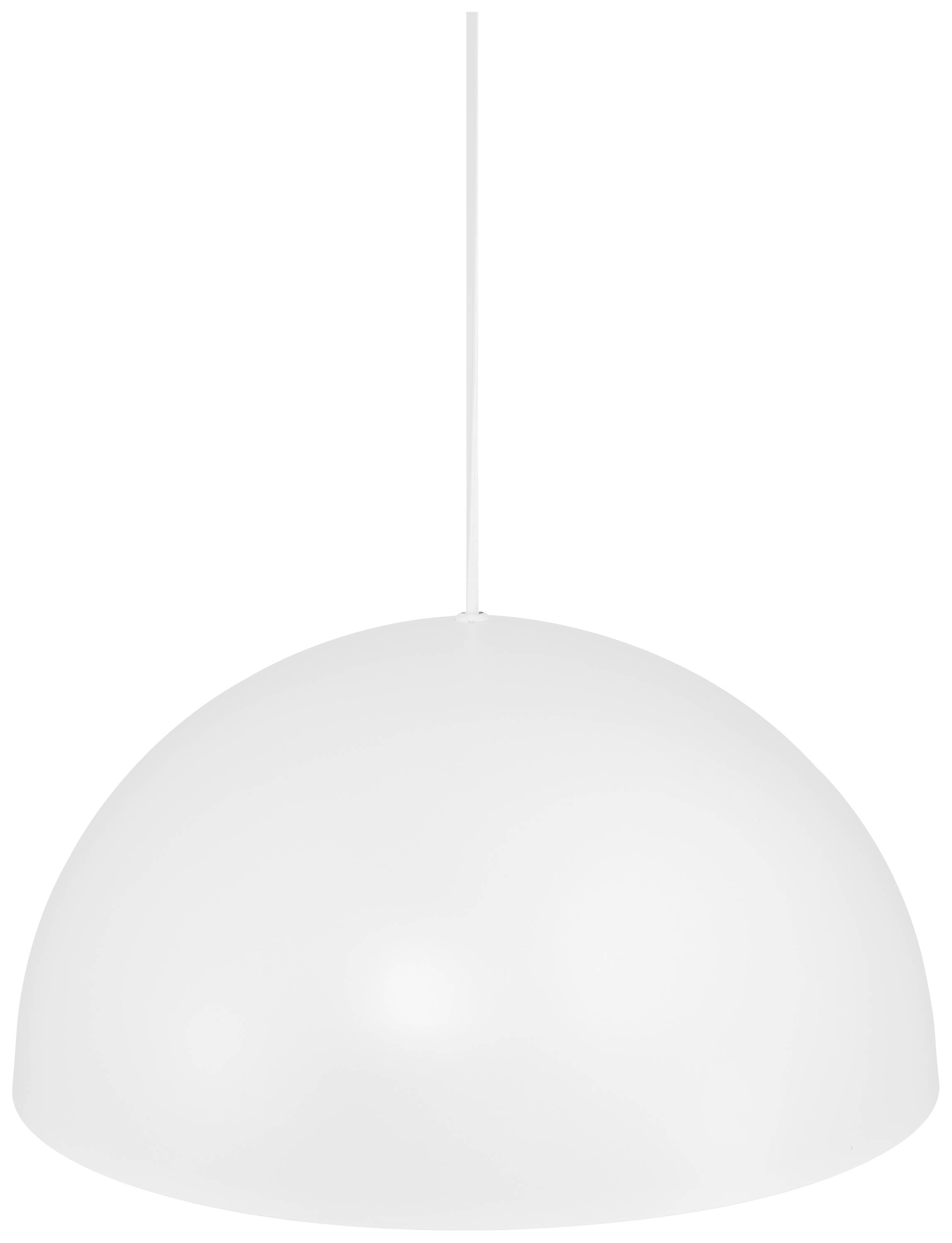 Hvid, halvkugleformet pendel med glat overflade, der hænger fra loftet ved hjælp af en tynd ledning. Minimalistisk design.