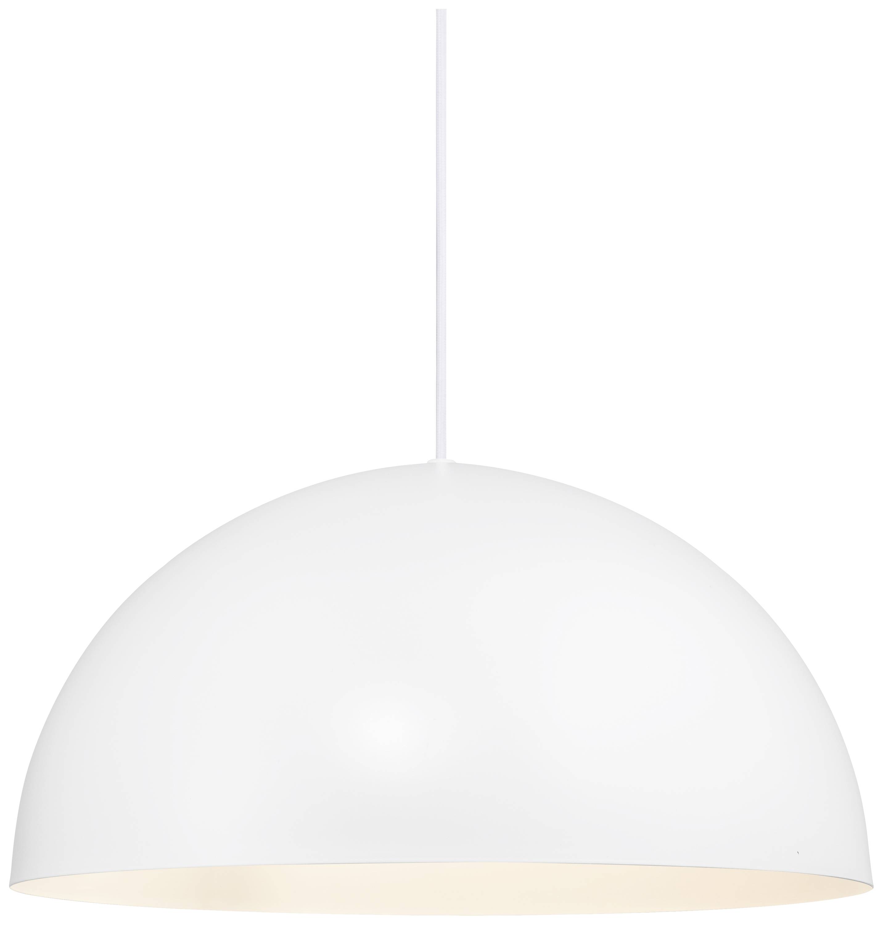 En hvid, halvkugleformet pendel hænger ned fra loftet. Den har et enkelt, moderne design.