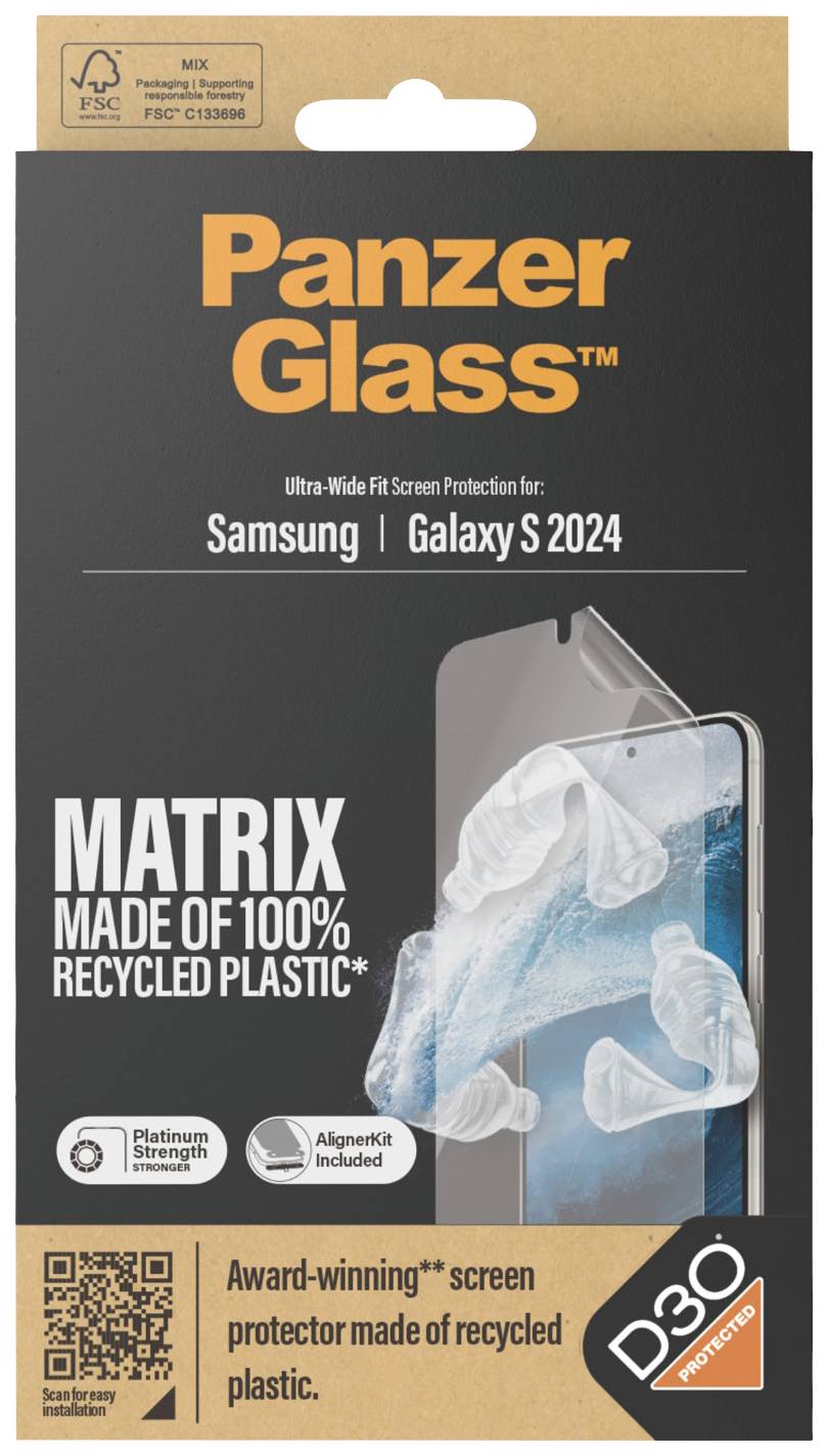 Beskyttelsesglas-emballage til Samsung Galaxy S 2024. Bemærkning om genanvendt plast og priser. Varemærke 'PanzerGlass'.