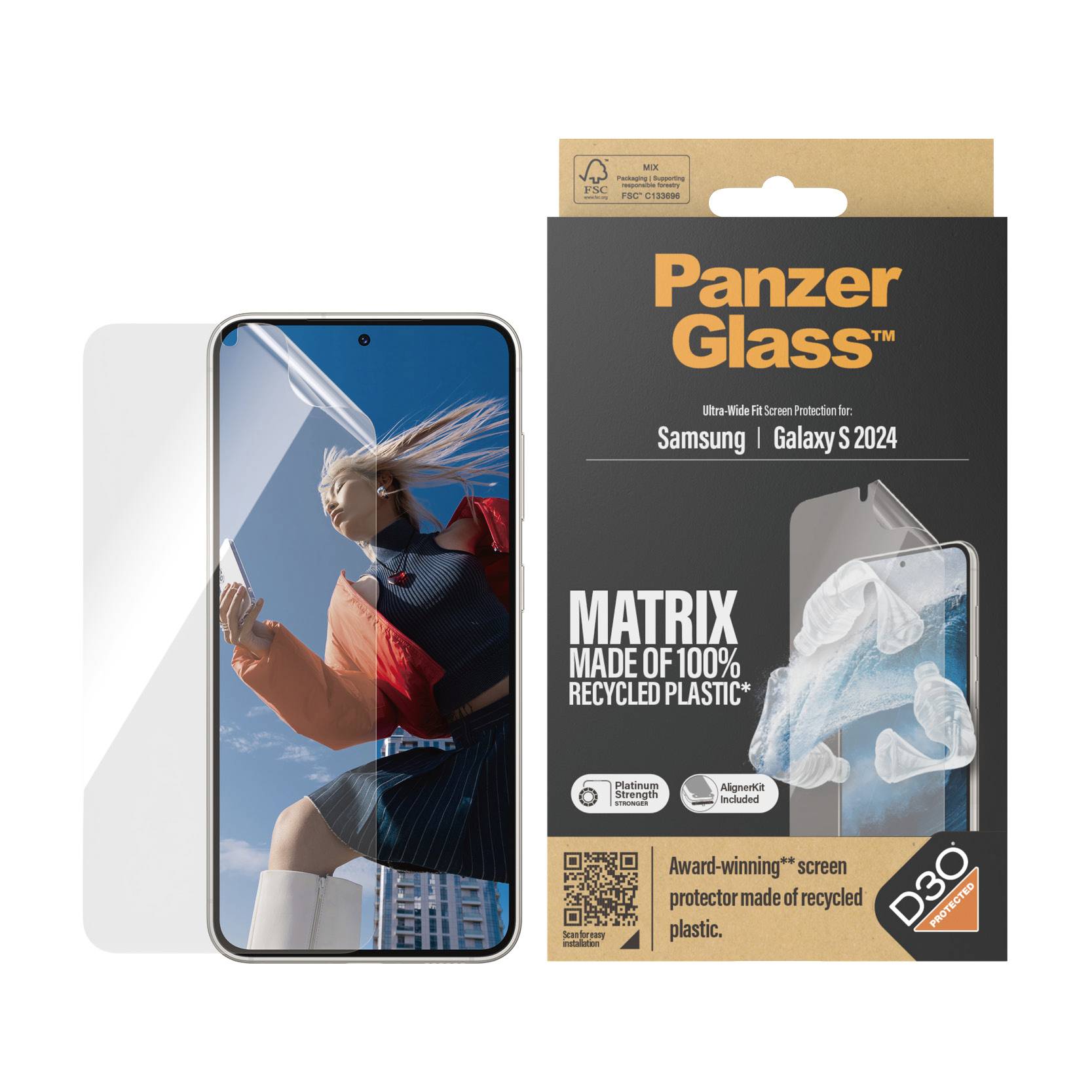 Beskyttelsesglas-pakke til Samsung Galaxy S 2024, fremhæver miljøbeskyttelse med 100 % genanvendt plast. Inkluderet produktbillede.