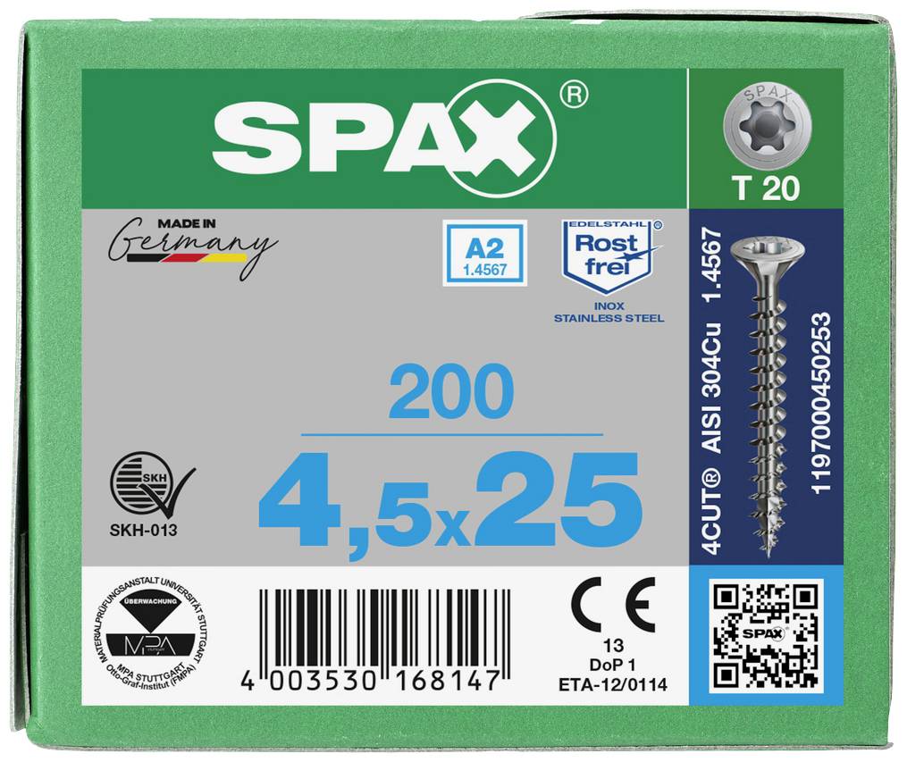 Emballage til en Spax-skrue: '200 stk., 4,5x25mm, Rustfrit stål A2, syrefast'. Vist: Skrue, stregkode, QR-kode, kvalitetsstempel.