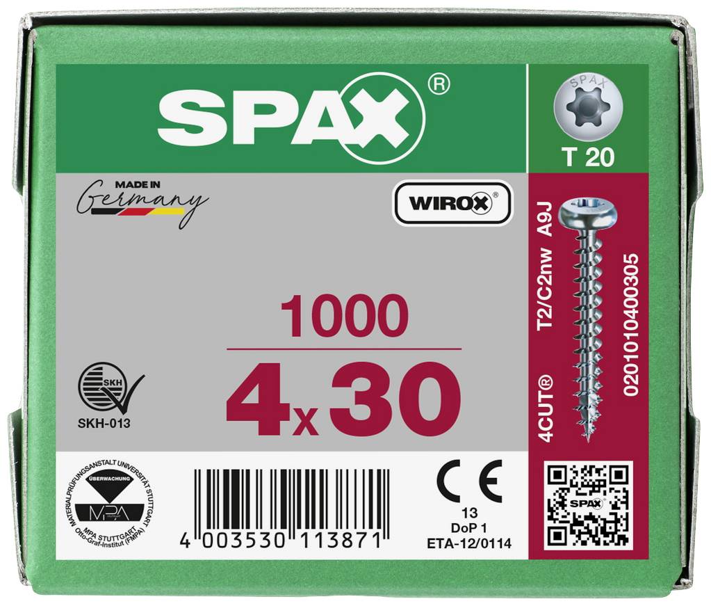 'Æske med 1000 SPAX-skruer, størrelse 4x30 mm, med Wirox-belægning. Fremstillet i Tyskland. Indeholder QR-kode og produktnummer.'