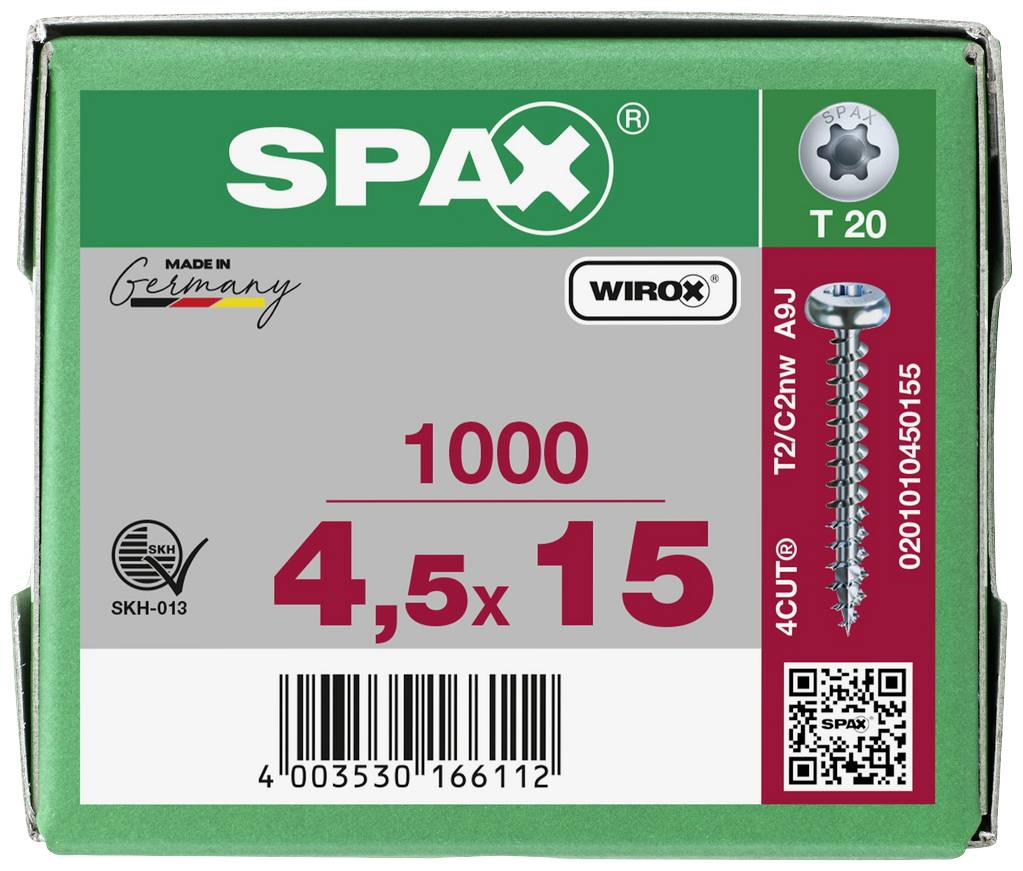 Grøn SPAX-boks med skruer, størrelse 4,5 x 15 mm, Made in Germany. Indeholder QR-kode og tekniske detaljer.