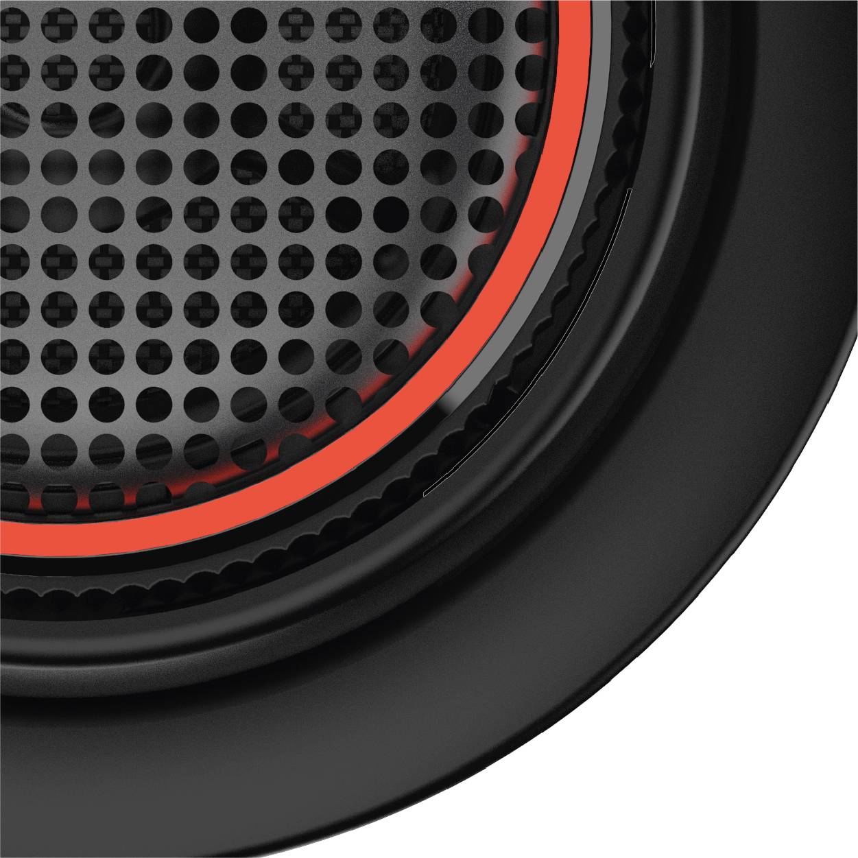 Nærbillede af et højttalergitter med sort og rød kant, som viser det minimalistiske design af en audiohøjttaler.