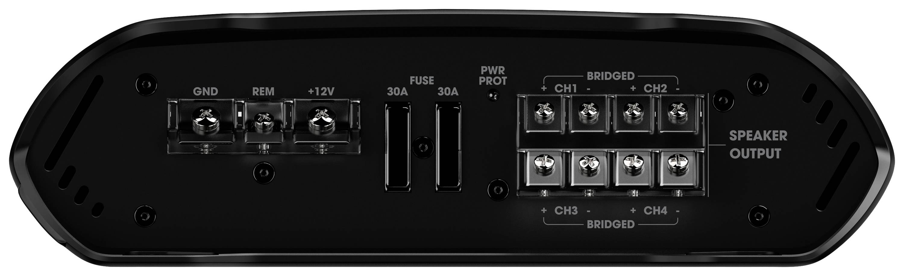 Bagsiden af en bil-lydforstærker med stik til højttalere, strøm og sikringer. Mærkninger for +12V, GND, REM og 30A sikringer er synlige.