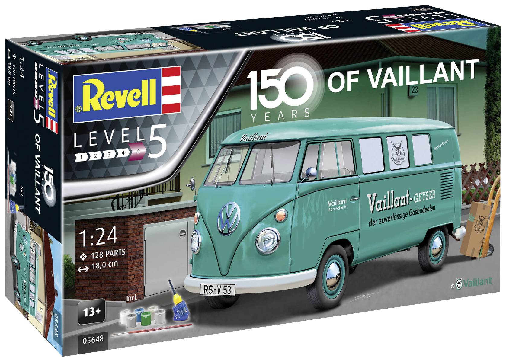 Revell modelbyggesæt af en grøn VW Transporter i skala 1:24, 150 år Vaillant-udgave. Indeholder 128 dele, sværhedsgrad niveau 5. Egnet fra 13 år.