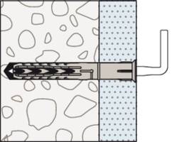 Illustration af en rawlplug, der indsættes i en væg. Til venstre ses murværk og rawlplug, til højre en skrue i rawlpluggen.