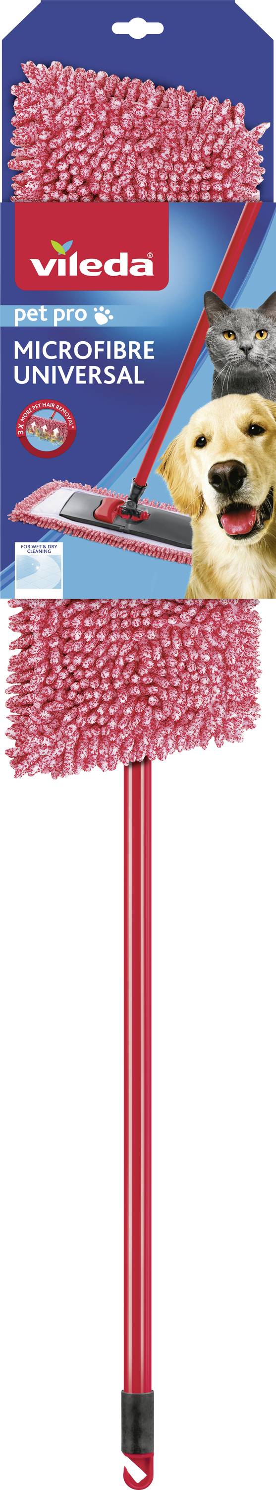 Vileda Pet Pro Mikrofiber Universal moppehovedninge og håndtag, præsenteret på produktemballage med rødt moppehoved og håndtag, der viser billeder af hund og kat.