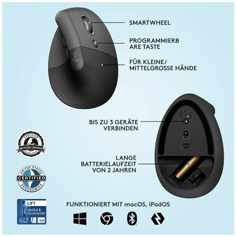 Lodret ergonomisk mus med Smartwheel, programmerbar knap, velegnet til små/mellemstore hænder. Kan forbindes med op til tre enheder; batteriet holder to år. Fungerer med macOS, iPadOS.