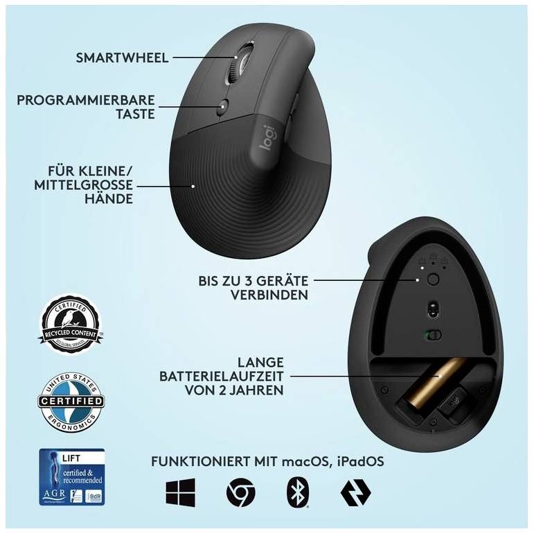Vertikal ergonomisk mus med programmerbar knap. Egnet til små til mellemstore hænder. Kan forbindes med op til 3 enheder. Batterilevetid op til 2 år. Kompatibel med macOS, iPadOS.