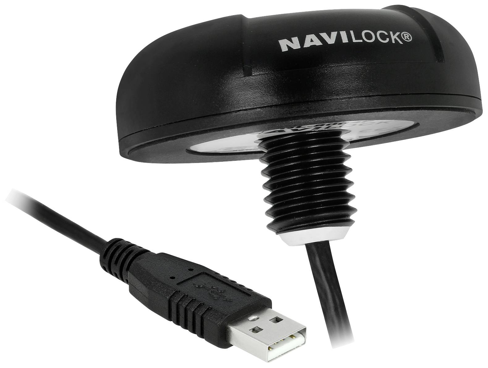 En sort GPS-modtager med USB-stik fra Navilock, egnet til brug i navigationssystemer og til positionsbestemmelse.