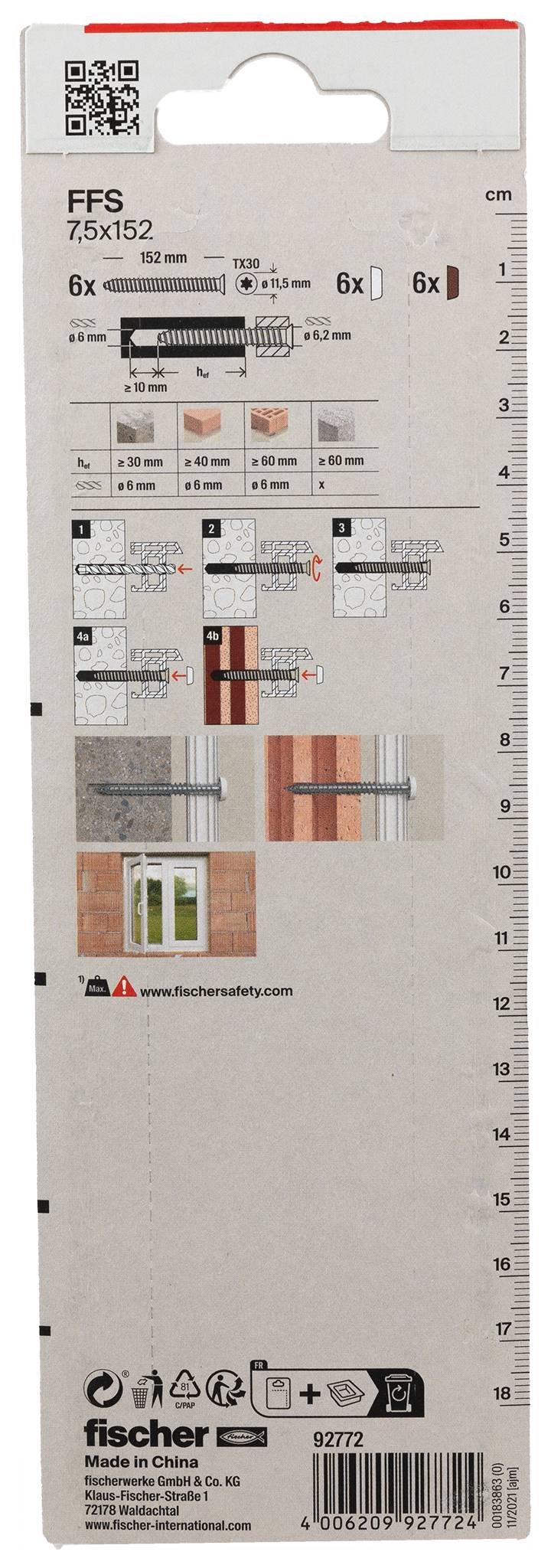 Pakke bagside af Fischer FFS 7,5x152 monteringshardware, viser størrelse, installationsdiagrammer, brugseksempler og en metrisk linealskala.