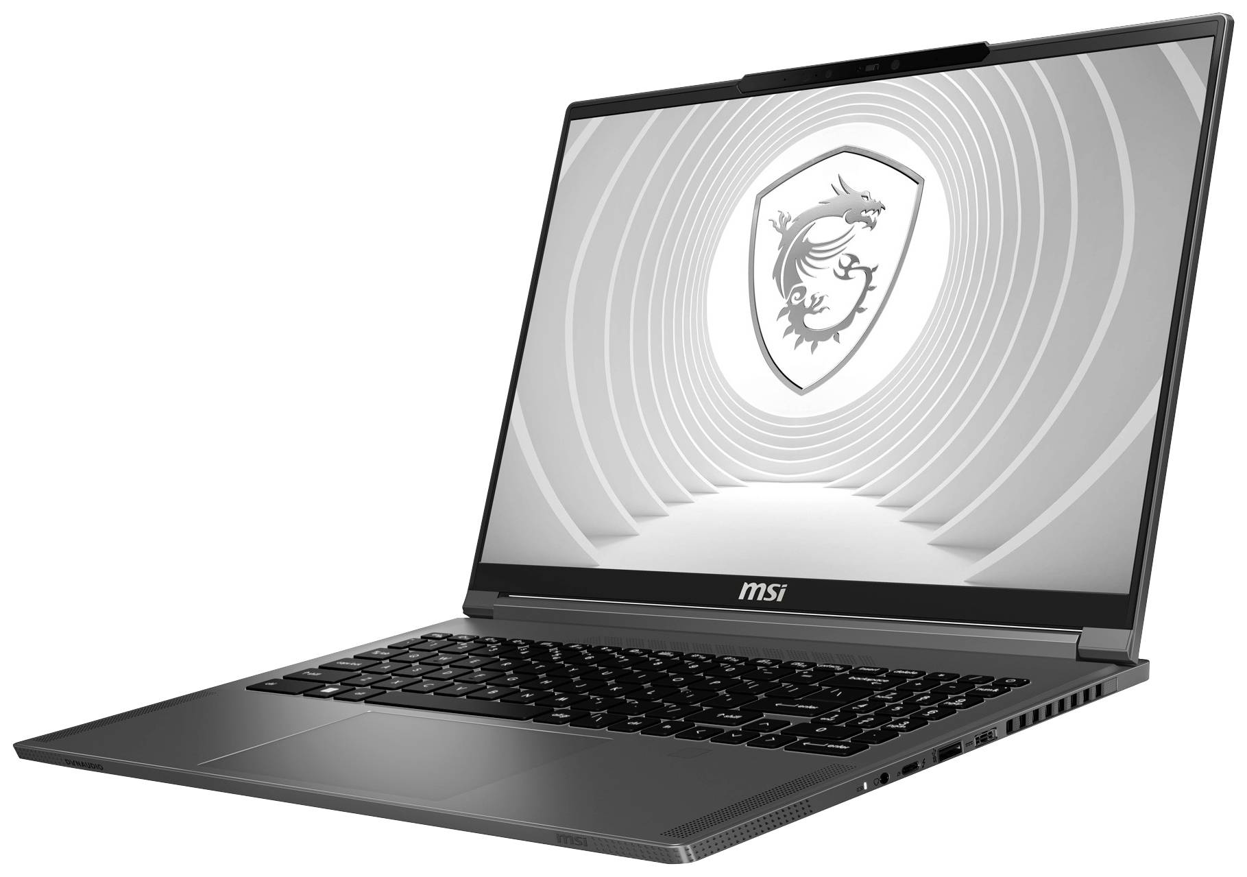 En MSI-bærbar computer med åben skærm viser MSI-logoet på en grafisk baggrund. Enheden er vist i en skråt vinkel.