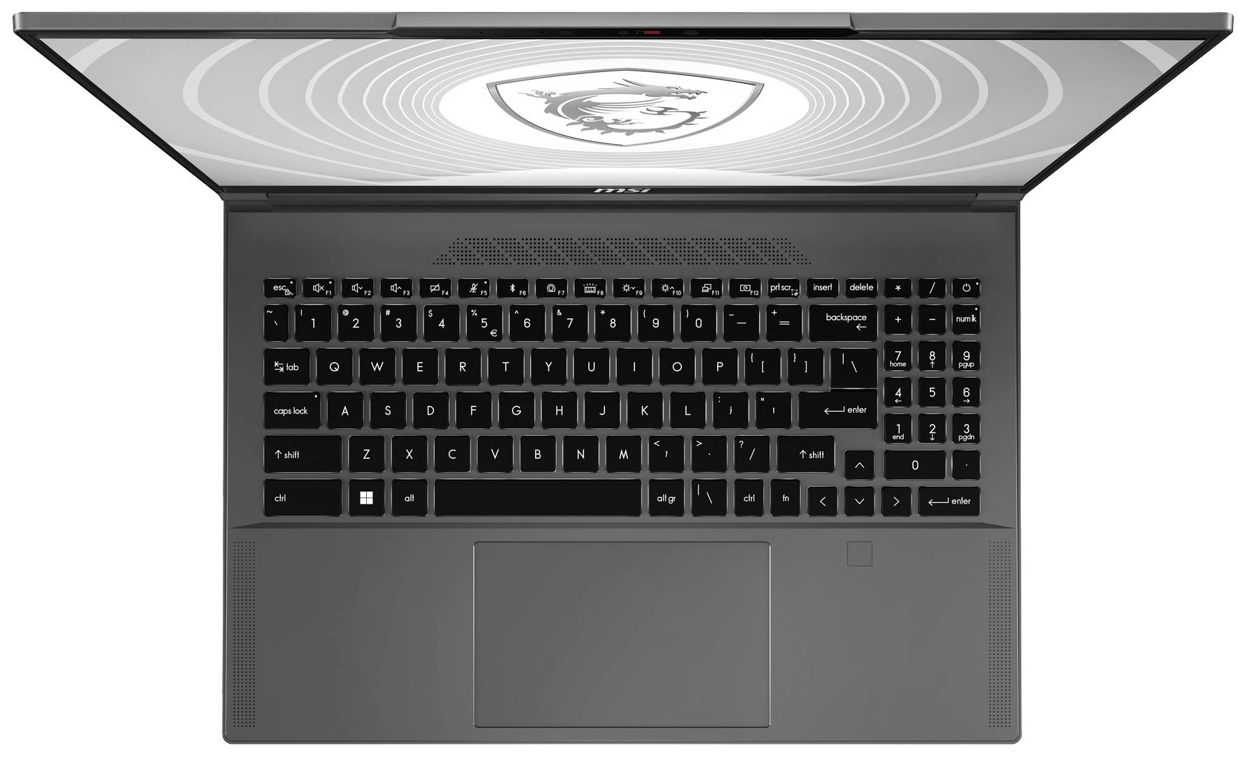 En bærbar computer set ovenfra, åben, med sort kabinet og tastatur. På skærmen ses et dragelogo i en cirkel.