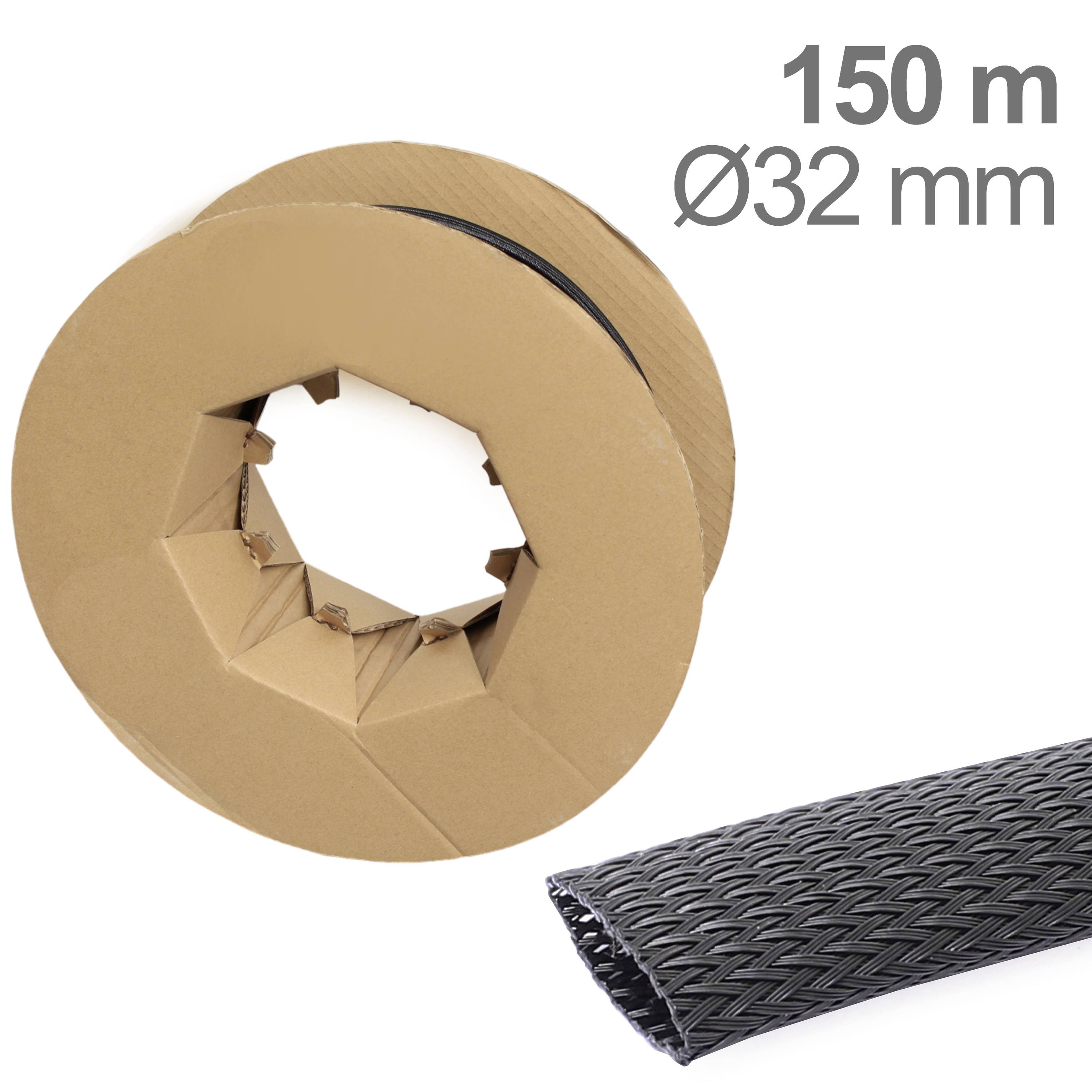 Sort bølget slange af fleksibel plast, 150 m lang, 32 mm diameter, på paprulle.