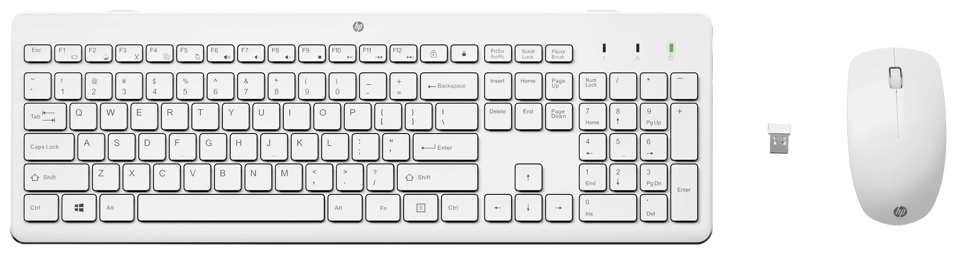 Trådløst sæt med hvidt tastatur med tysk layout og hvid mus. Indeholder en USB-modtager til trådløs forbindelse.