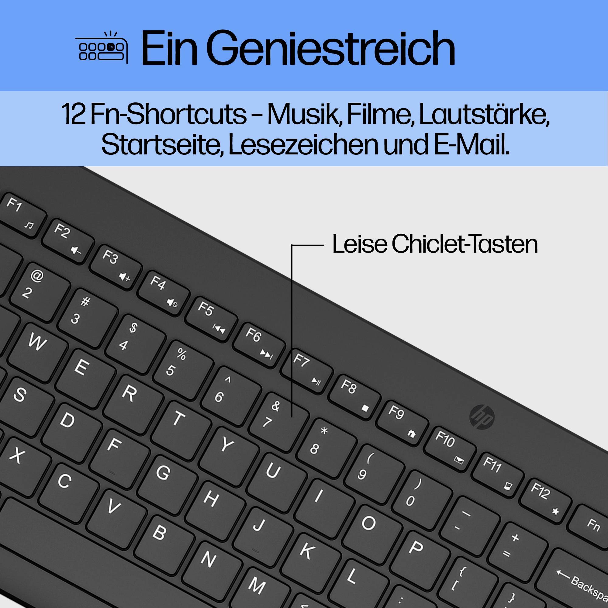 Et sort computertastatur med fremhævede stille taster. Øverst står der: 'Et genialt træk', og der er detaljer om FN-genveje.