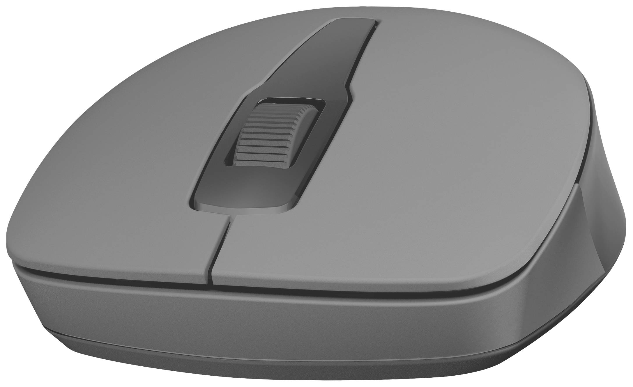 Grå computermuse med to knapper og et scrollhjul, set fra siden.