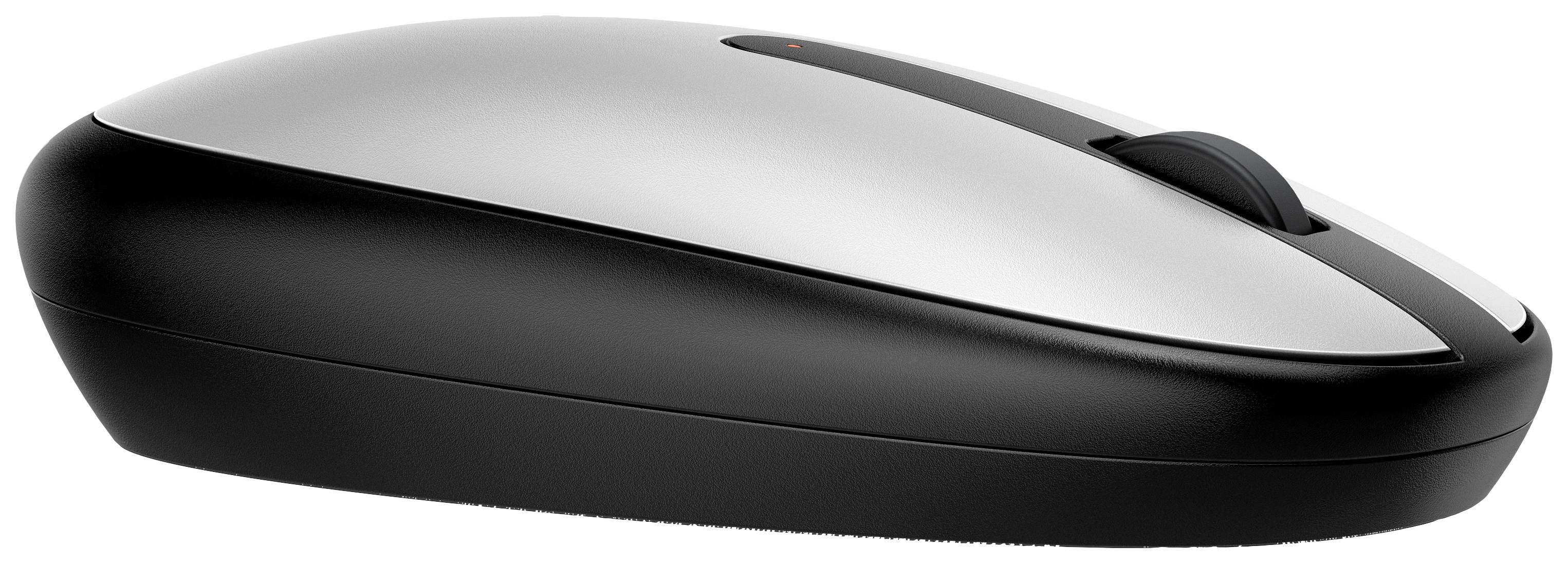 Sølvfarvet og sort trådløs computermouse med scrollhjul, set fra siden.