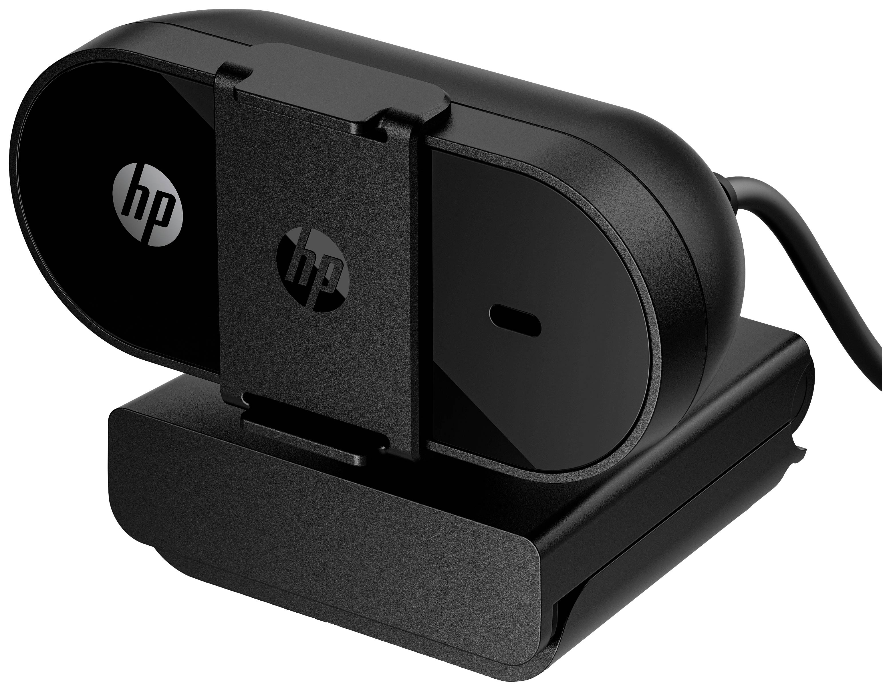 Et sort webcam på en drejelig fod med HP-logo, monteret på siden, velegnet til videokonferencer.