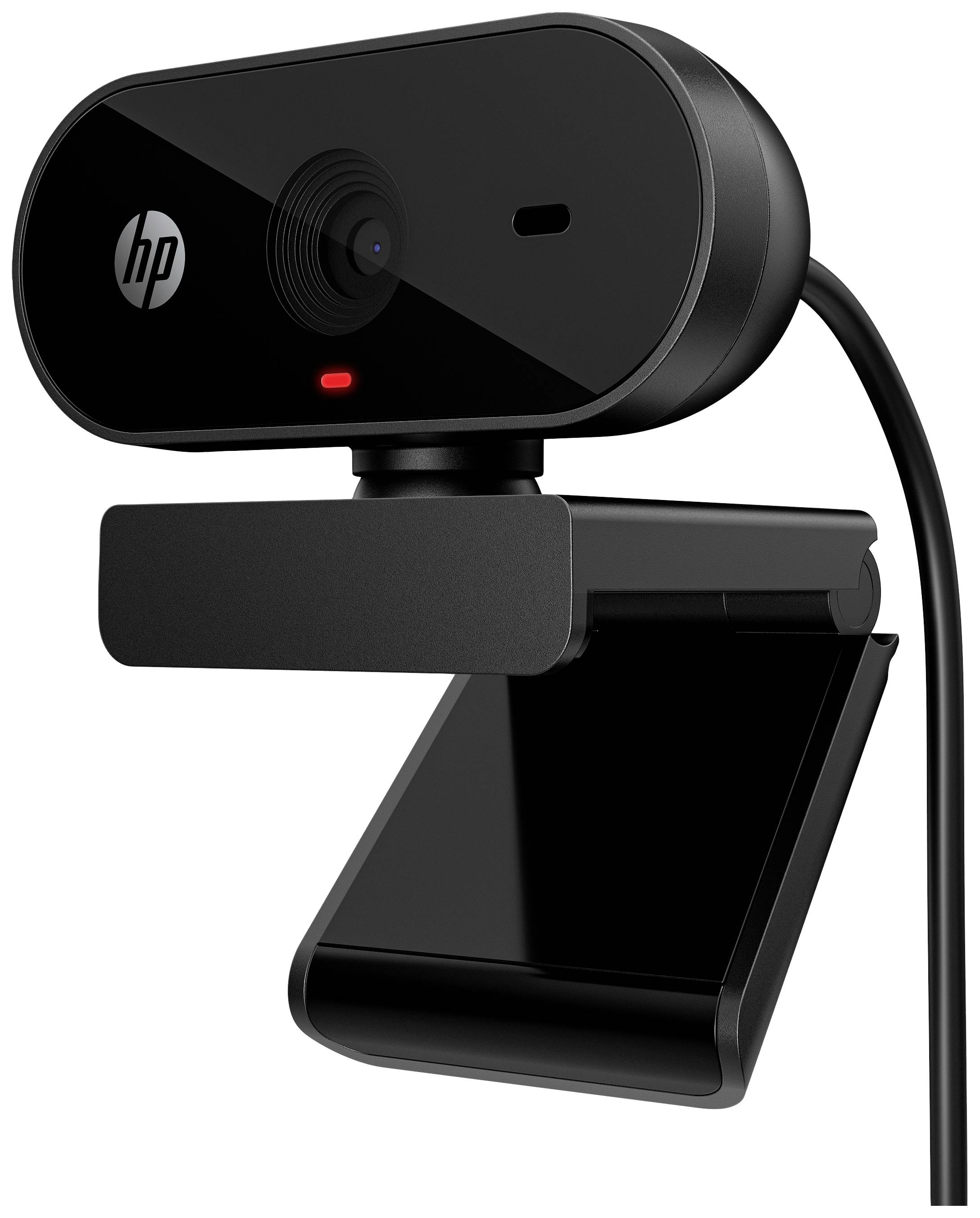 Sort webcam med kabel og integreret fod, mærket med HP-logo. Perfekt til videeopkald og online-møder.