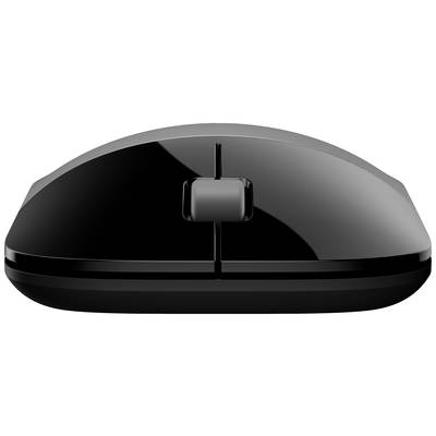 Sort, trådløs computermuse med to knapper og et scrollhjul, set forfra.