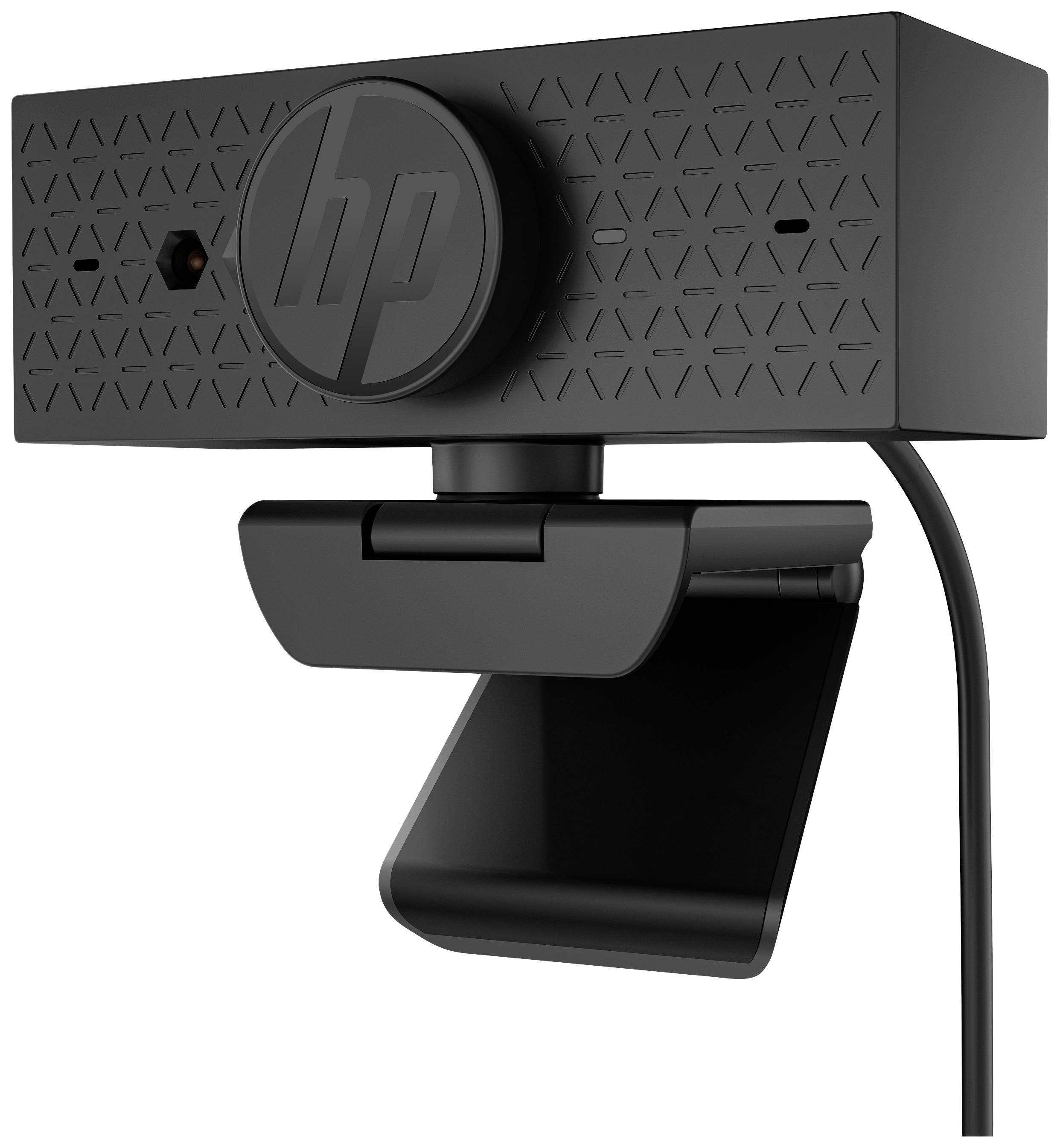 Sort webcam med geometrisk mønster og kabel. Den er velegnet til videooptagelser og online-møder.