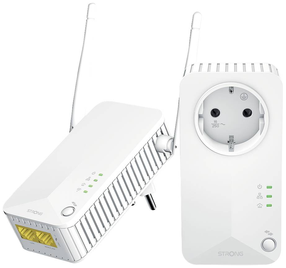 To nettilsluttede powerline-adaptere i hvid farve med stikkontakter, LED-indikatorer og antenne til udvidelse af WiFi-netværket.