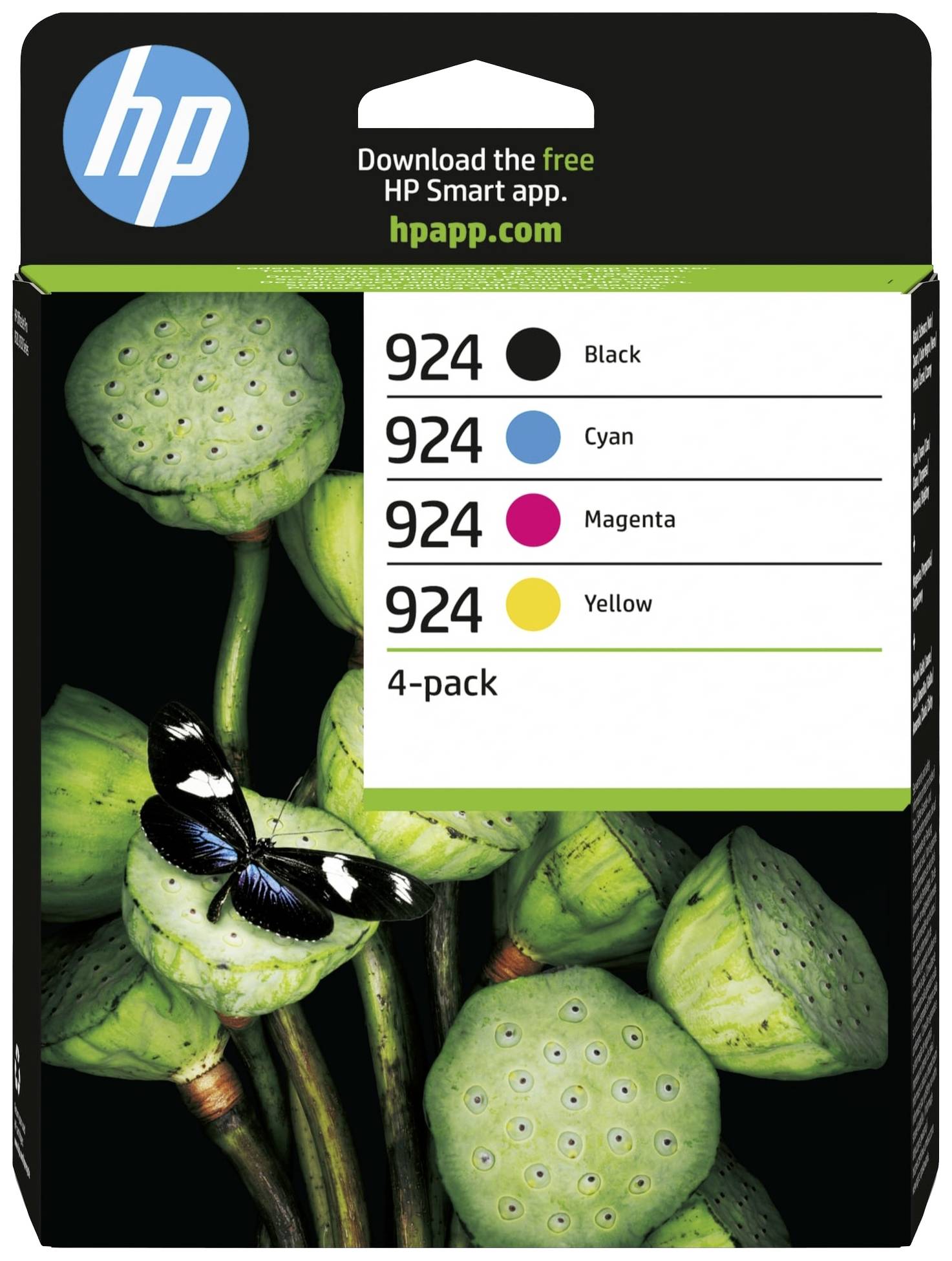 HP printpatron-emballage med sort, cyan, magenta og gul blækpatron-sæt. Dekorativt blomster- og sommerfuglemotiv.