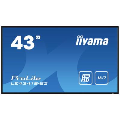 En skærm model 'ProLite LE4341S-B2' fra iiyama. Størrelse: 43 tommer, Full HD, brugstid: 18/7 timer.