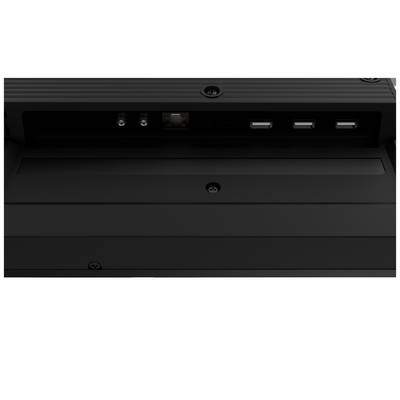 En sort enhed med flere tilslutninger, herunder en Ethernet-port og tre USB-porte. Overfladen er glat og rektangulær.