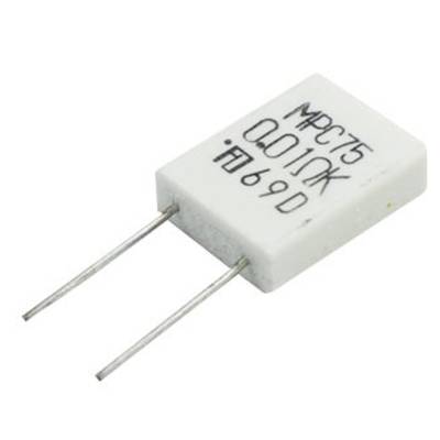 En hvid elektrisk modstand med to metalforbindelser, mærket med 'MPC75 0.01RX' og '69D'.