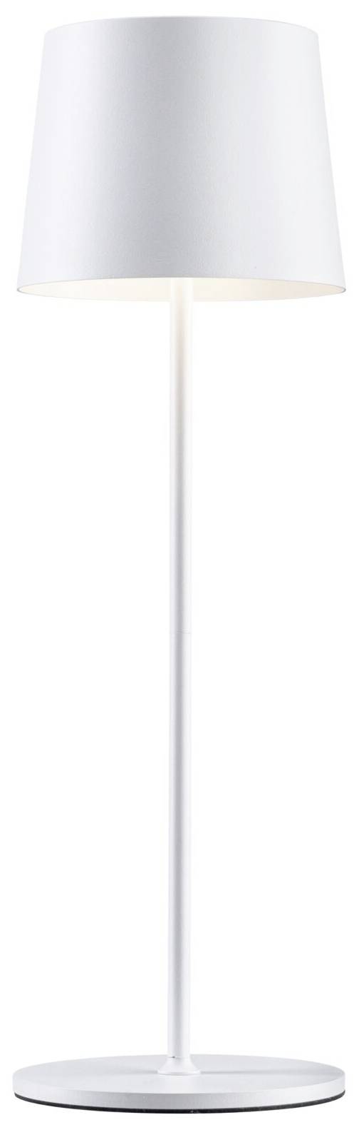 Hvid standerlampe med enkelt, moderne design. Cylinderformet lampeskærm, tynd stander, rund base.