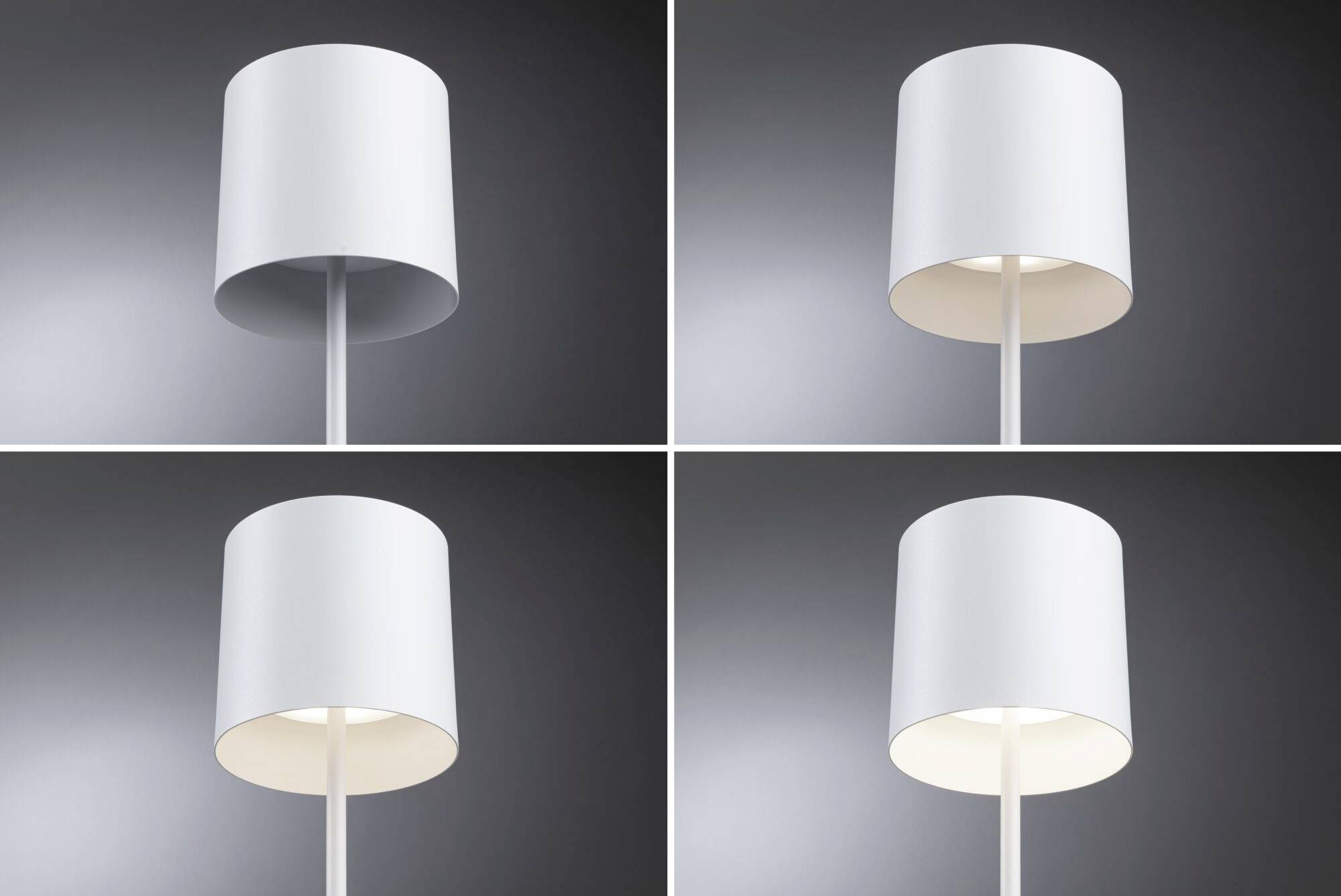 Fire billeder af en moderne hvid standerlampe i forskellige lysstyrker, fra slukket til maksimalt belyst.