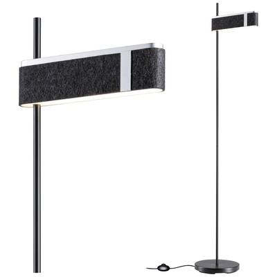 Standerlampe med moderne design, sort skærm og metalfod. Velegnet til samtidsboliger eller kontorer.