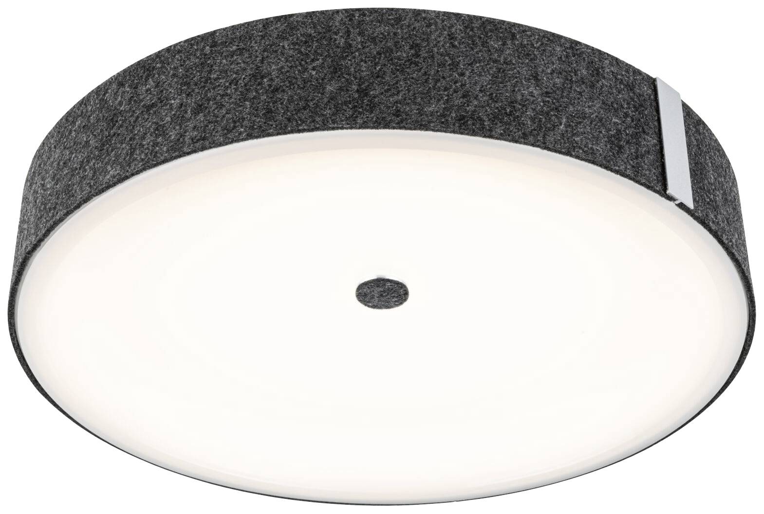 Rund, moderne loftslampe med sort kant og jævn, hvid belysning i midten. Perfekt til stue eller kontor.
