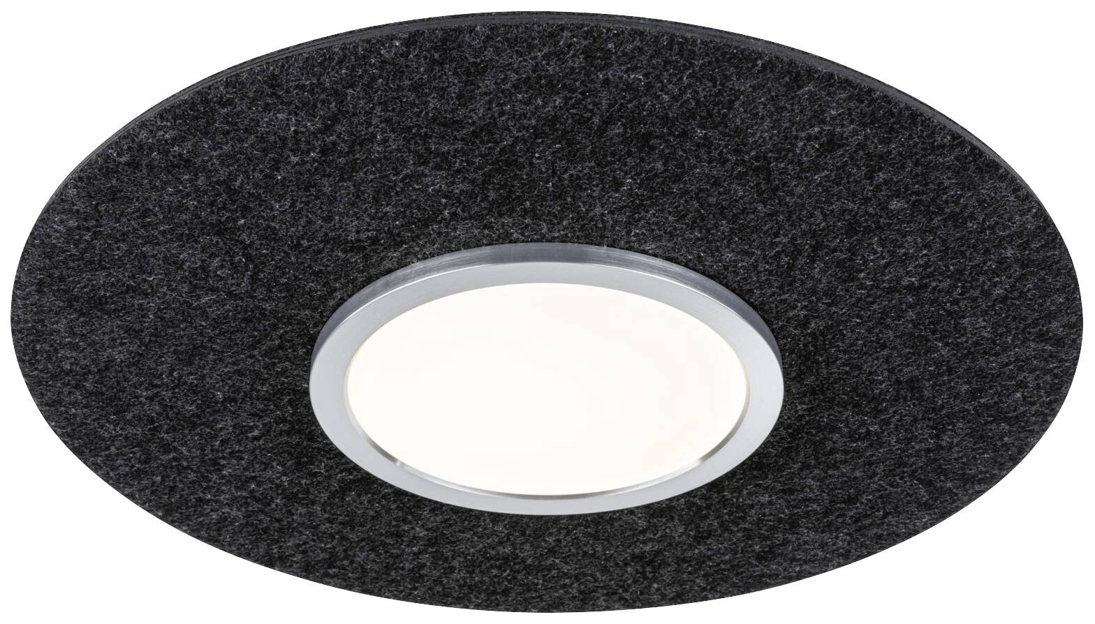 En rund loftslampe med en sort ramme og LED-belysning i midten, velegnet til moderne indendørsarealer.