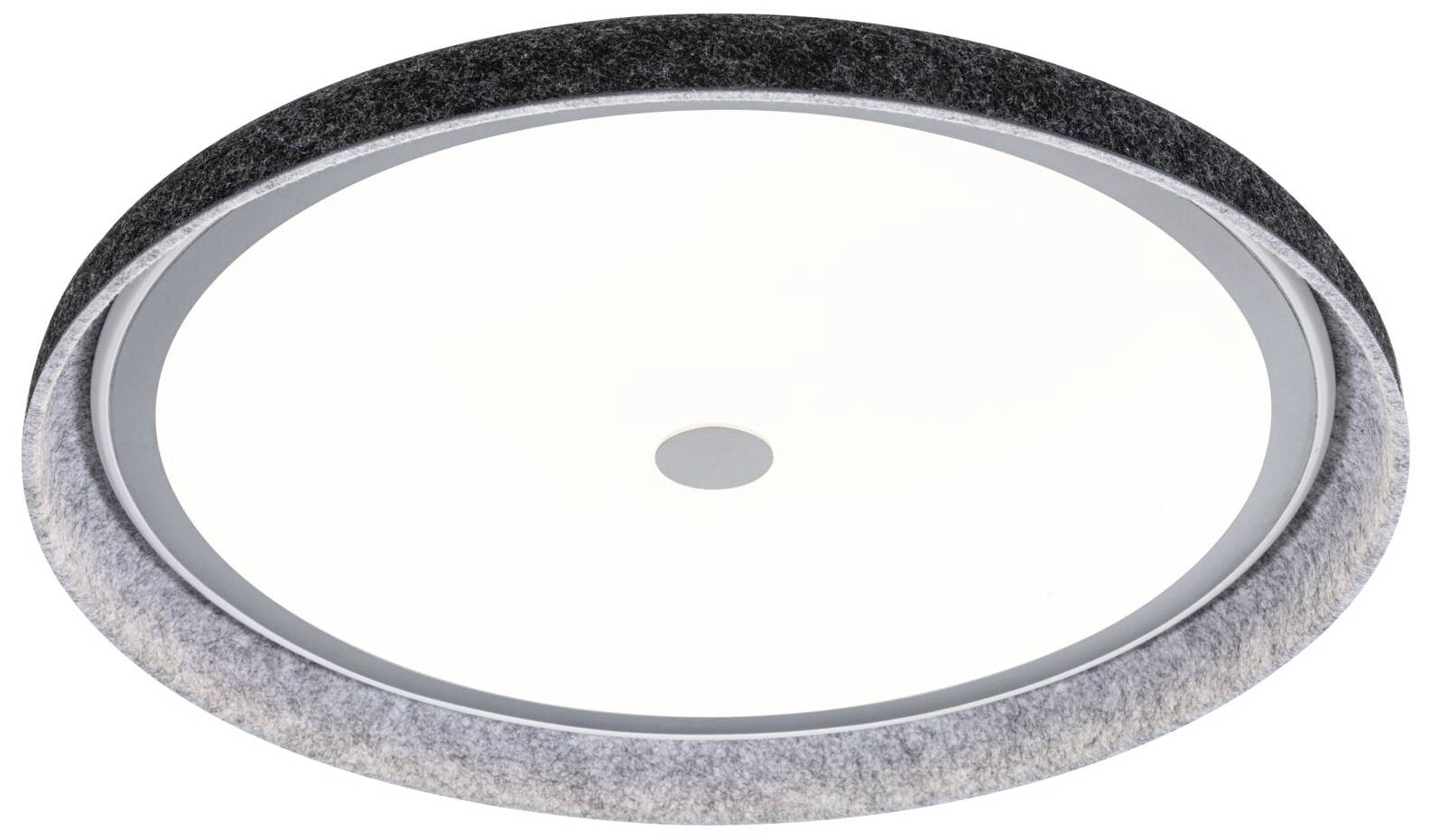 En rund loftslampe med et klart belysningsområde, omgivet af en grå filtramme. Moderne design til indendørs rum.