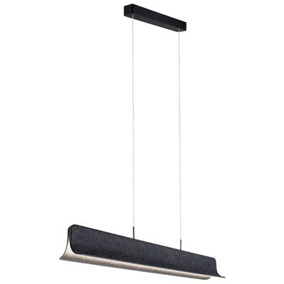 En moderne, minimalistisk pendel med mørkegrå skærm og rektangulær base, ophængt i to tynde kabler.